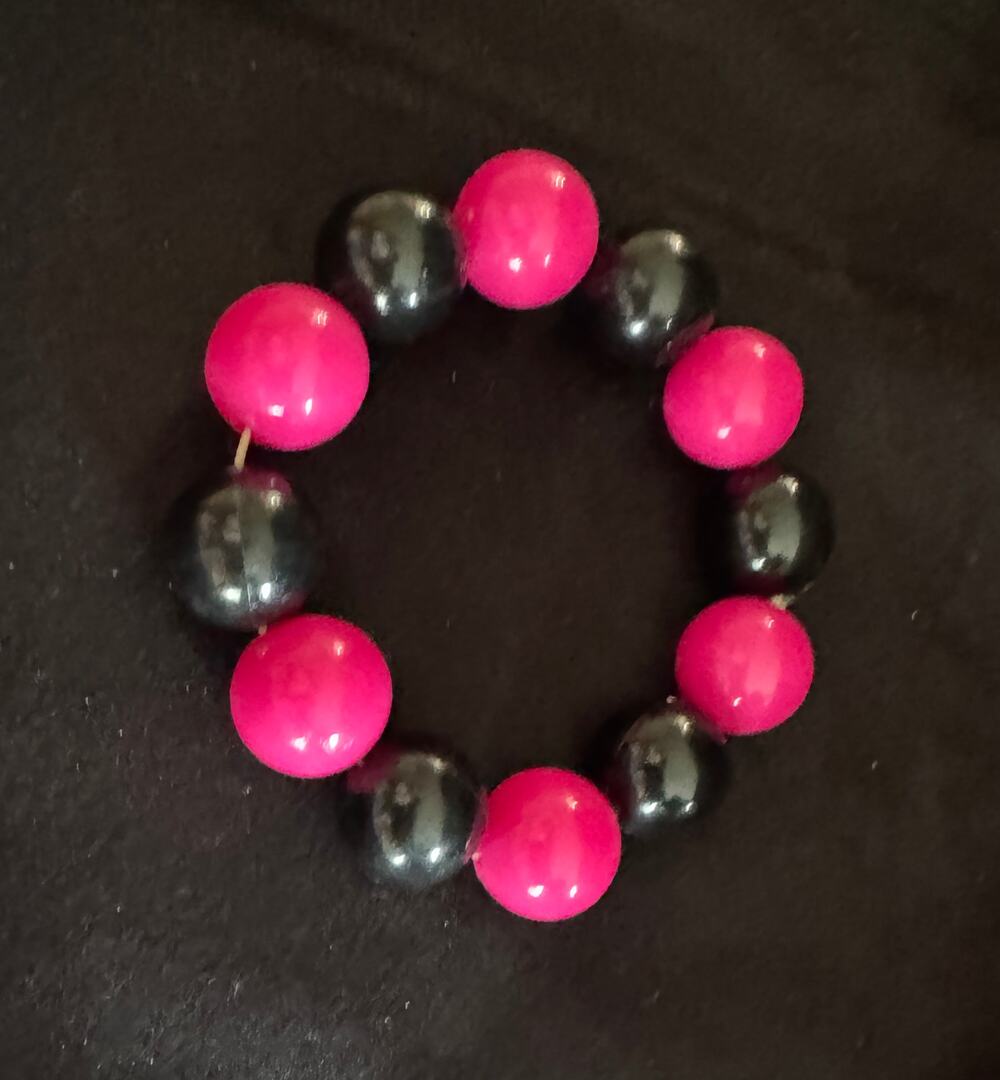 Hot Pink & Black Beaded Stretch Bracelet Chunky Bold Statement Jewelry B028